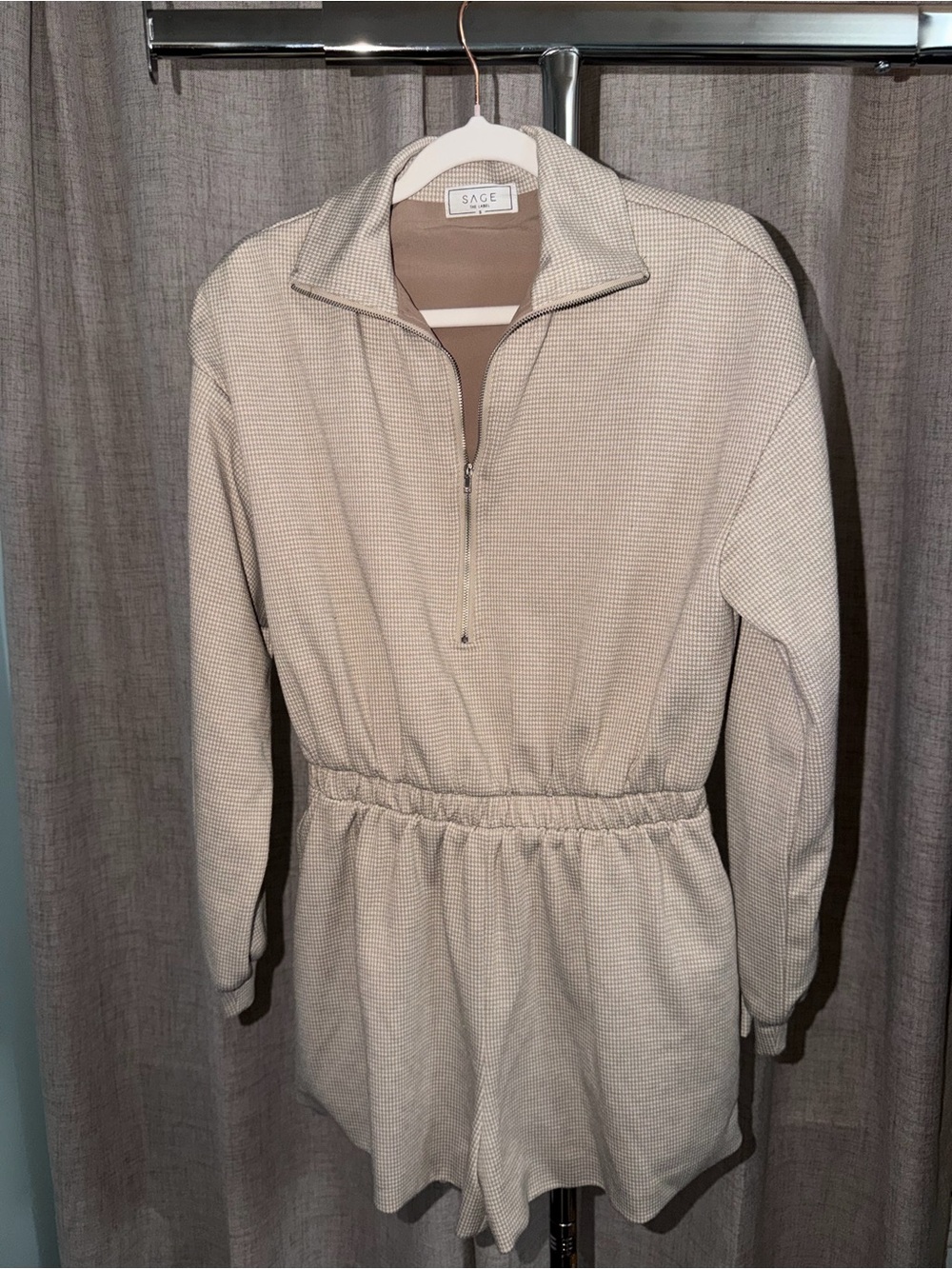 Sage Cream Waffle-Knit Half-Zip Long-Sleeve Romper